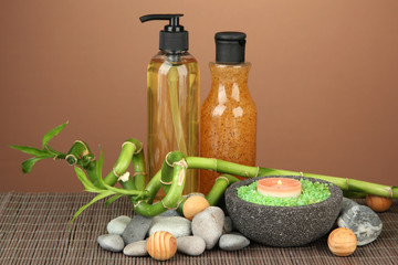 Still life with green bamboo plant and stones,