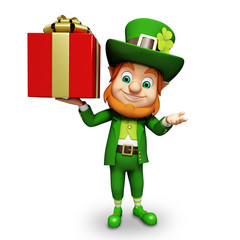 Leprechaun for st patrick's day holding red colored gift box