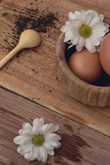 Яйца и ромашка на деревянном фоне