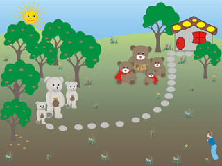 Happy family bears in the beautiful glade
