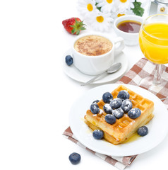 Belgian waffles with blueberries, cup of cappuccino