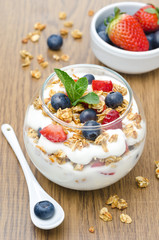 layered dessert with yogurt, granola and fresh berries