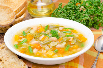 vegetable minestrone with white beans and toast horizontal