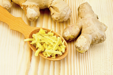 Ginger fresh grated in a wooden spoon