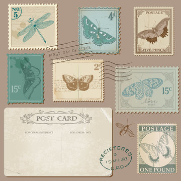 Vintage Postcard and Postage Stamps with Butterflies