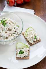 Smoked mackerel pate with herbs on crisp bread