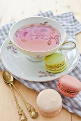 Raspberry tea and macarons