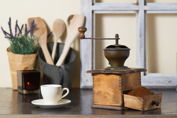 Coffee mill with freshly ground coffee