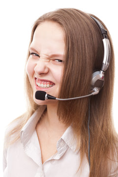 Teenager girl in a headset, isolated on a white background
