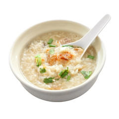Congee round bowl and spoon on white background.