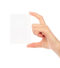 Fototapeta premium Businesswoman's hand holding blank paper business card