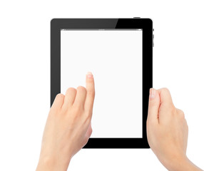 female hands holding a tablet touch computer gadget with isolate