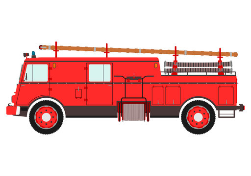 Fire engine in retro cartoon style. Vector.