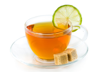 Tea in a glass cup with lime