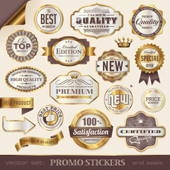 golden promo stickers, seals and badges