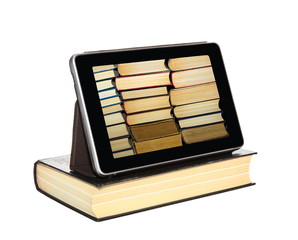 The Tablet-PC with stacks of books on the screen