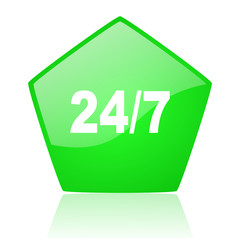 24/7 green pentagon web glossy icon