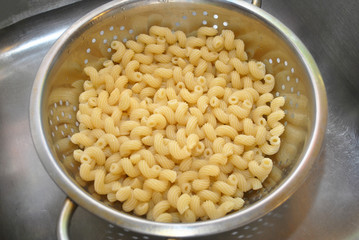 Cooked Cavatappi Pasta in a Strainer