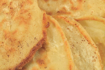 Hot fresh pancakes background, detailed flapjacks macro closeup