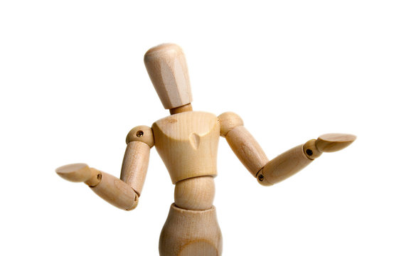 Wondering or Confused Mannequin wooden man over white