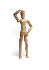 Wondering or Confused Mannequin wooden man over white