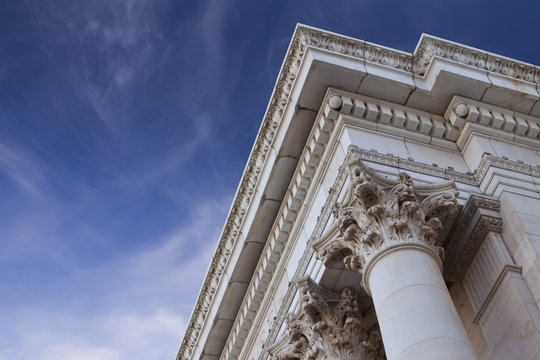 Court House Architectural Detail with Blue sky and clouds.