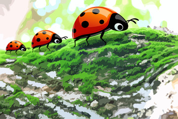 three ladybugs on tree