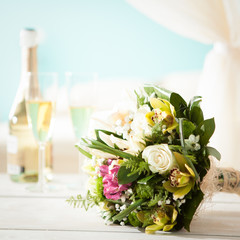 Wedding Bouquet and Champagne