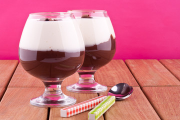 two colour pudding, chocolate and vanilla pudding