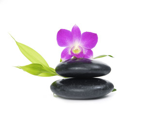 Spa stones with pink orchid and bamboo leaf