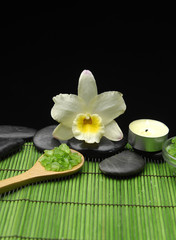 Fototapeta na wymiar zen stone and sea salt in spoon on green mat
