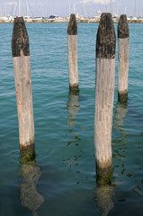 Wooden bollards in a nautical landing place