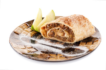Plate with a piece of apple strudel