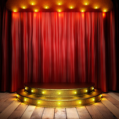 red fabric curtain on golden stage