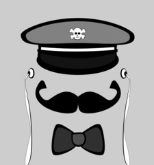 man with bow tie and cap with skull