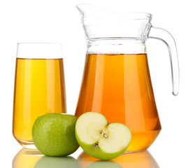 Full glass and jug of apple juice and apples isolted on white