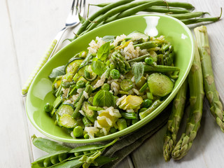 risotto with asparagus zucchinis and green beans,vegetarian food