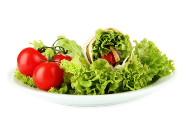 Kebab - grilled meat and vegetables, on plate, isolated on