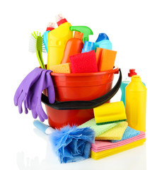 Cleaning items in bucket isolated on white