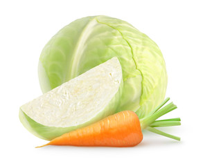 Isolated vegetables. Cut fresh cabbage and carrot isolated on white background