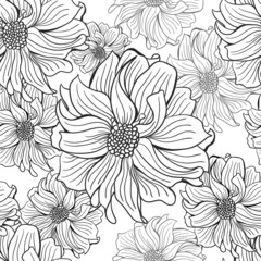 Fleurs dessinées à la main de dahlia en noir et blanc, sans couture.