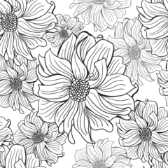 Photo sur Plexiglas Fleurs noir et blanc Fleurs dessinées à la main de dahlia en noir et blanc, sans couture.