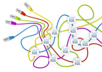 Teamwork icon nodes in network cable chaos