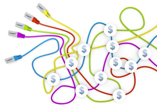 3d graphic of a happy Dollar icon nodes in network cable chaos