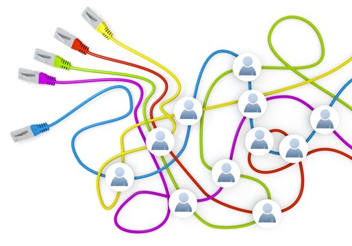 3d render of a isolated man symbol nodes in network cable chaos