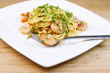 Pasta dish with Shrimp in Fork