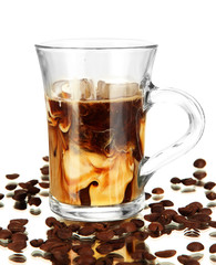 Cold coffee with ice in glass isolated on white