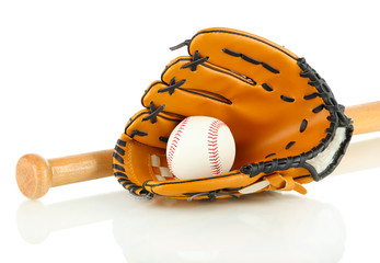 Baseball glove, bat and ball isolated on white