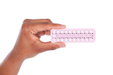 Black african american woman holding contraceptive solutions - A