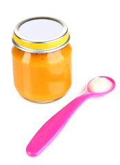 Color spoon for baby food with baby nutrition isolated on white